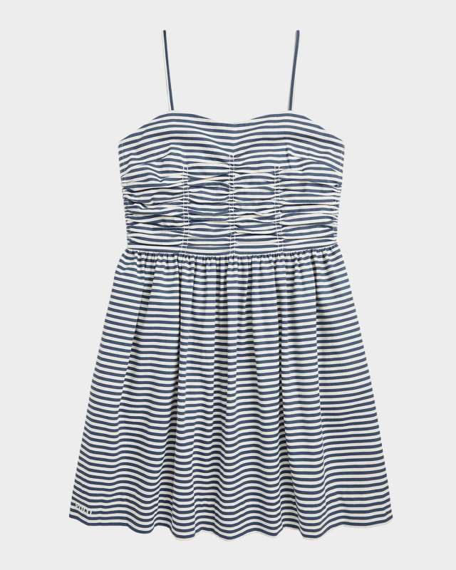 Girls Striped Twill Ruched Dress, Size 7-